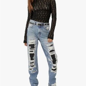 We The Free Blue Distressed Straight Leg Jeans